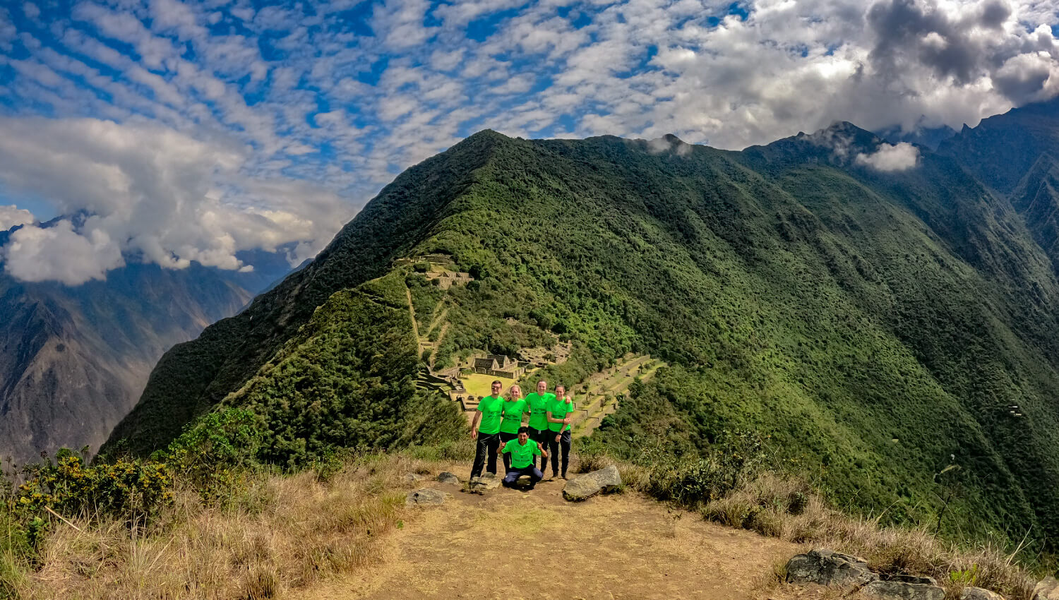 Group poses with ruins on Choquequirao Trek