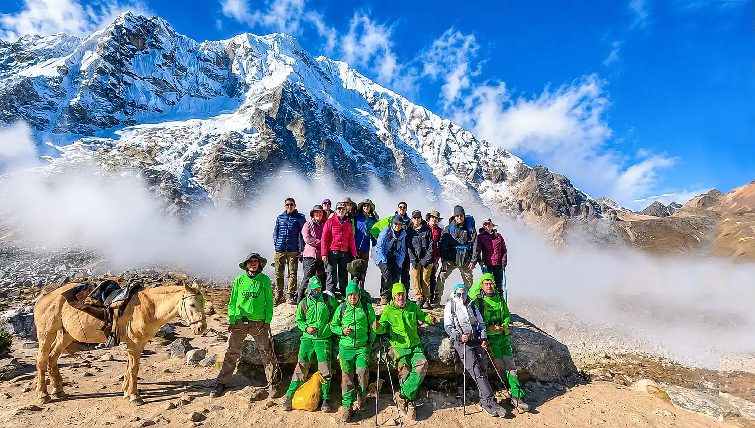 Group at Salkantay Pass in mist