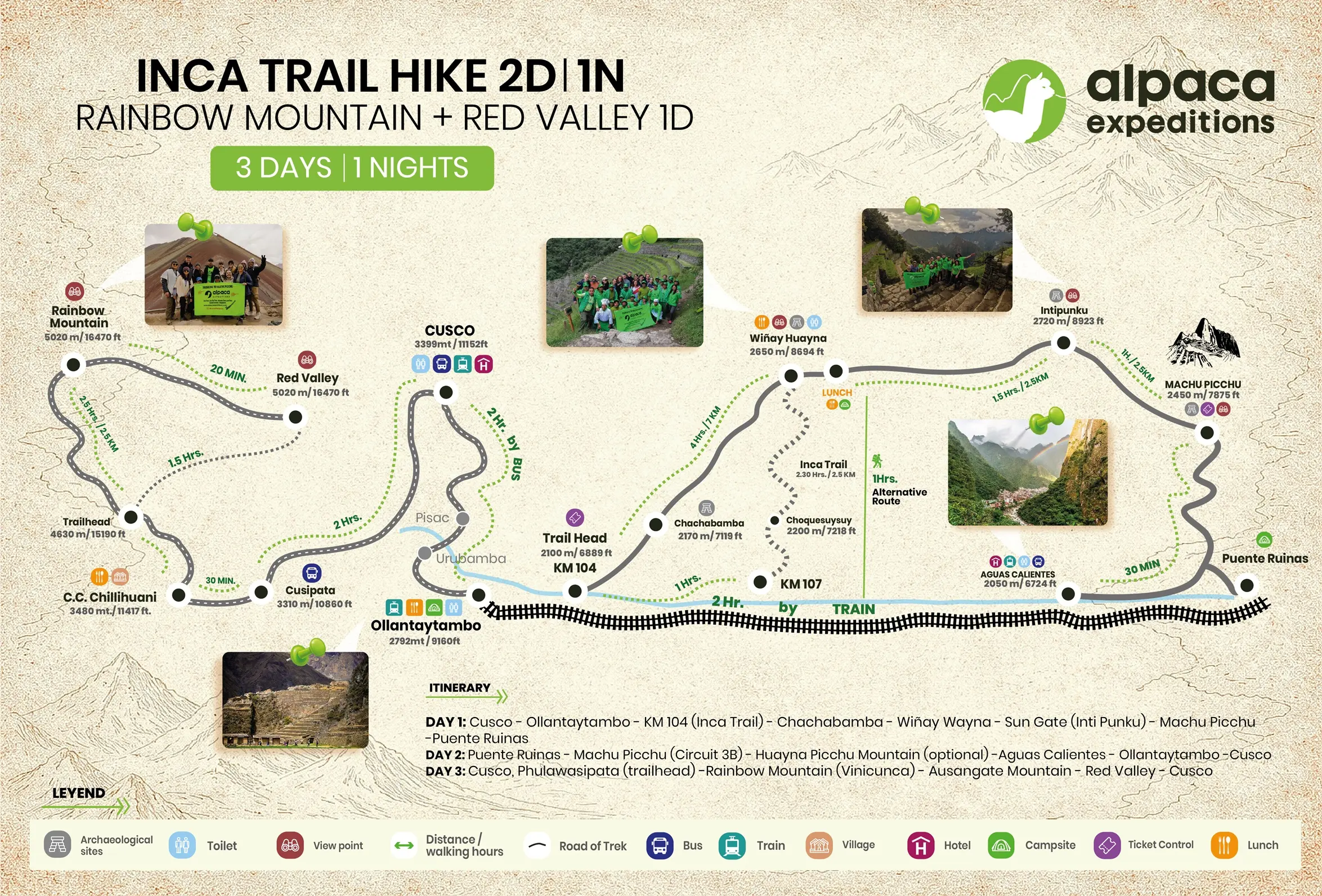 Ruta de senderismo por el Camino del Inca, 2 días y 1 noche: Montaña Arcoíris y Valle Rojo. Mapa de 1 día
