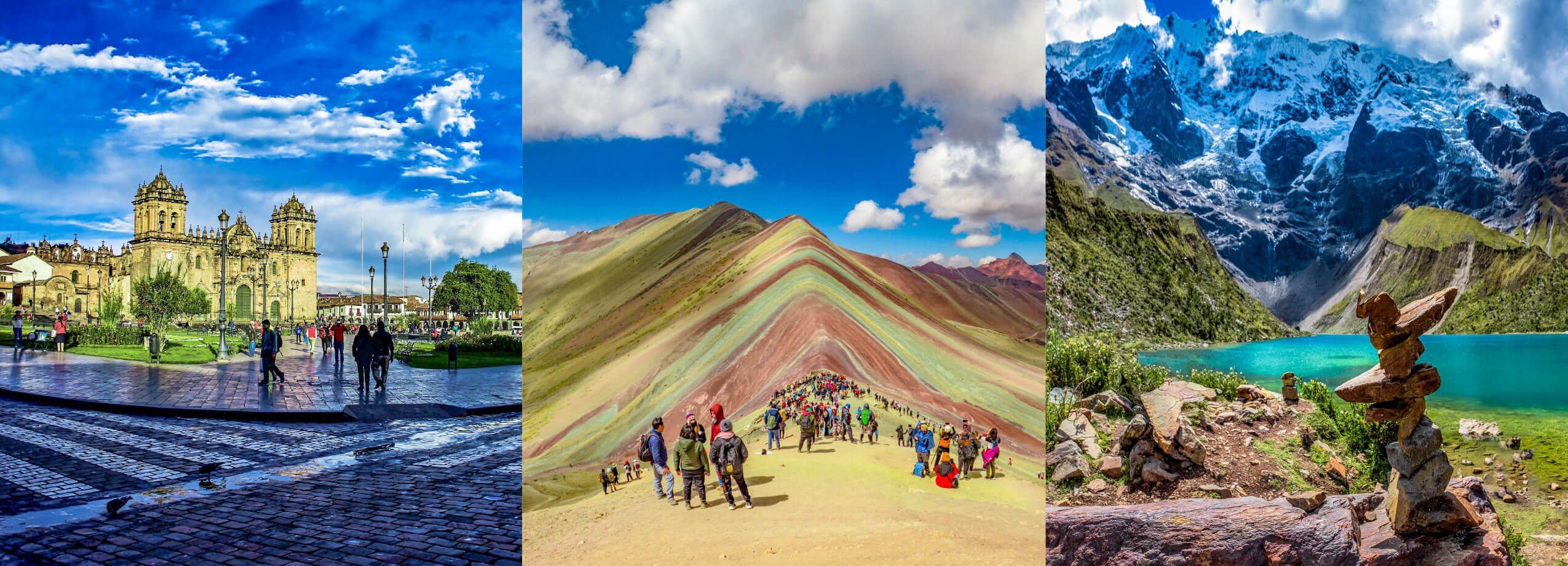 Peru Day trips depicting the Cusco City Tour, Rainbow Mountain Hike and Humantay Hike