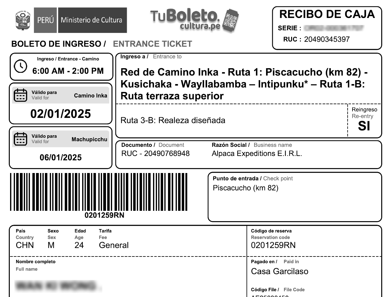 ticket inca trail