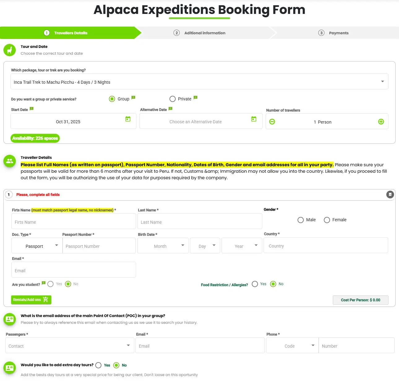 Alpaca Expeditions Booking Form