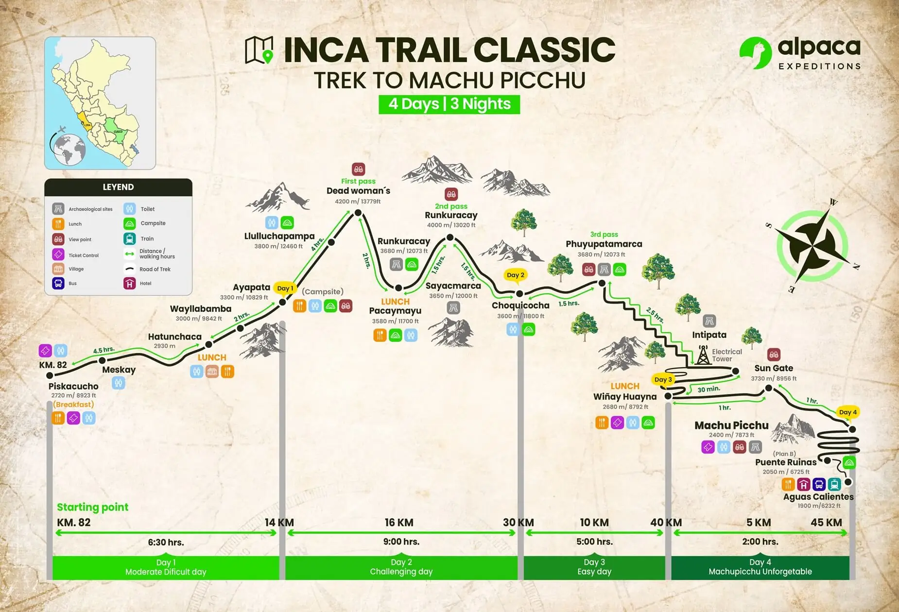 map Inca Trail trek to Machu Picchu 4 days 3 nights